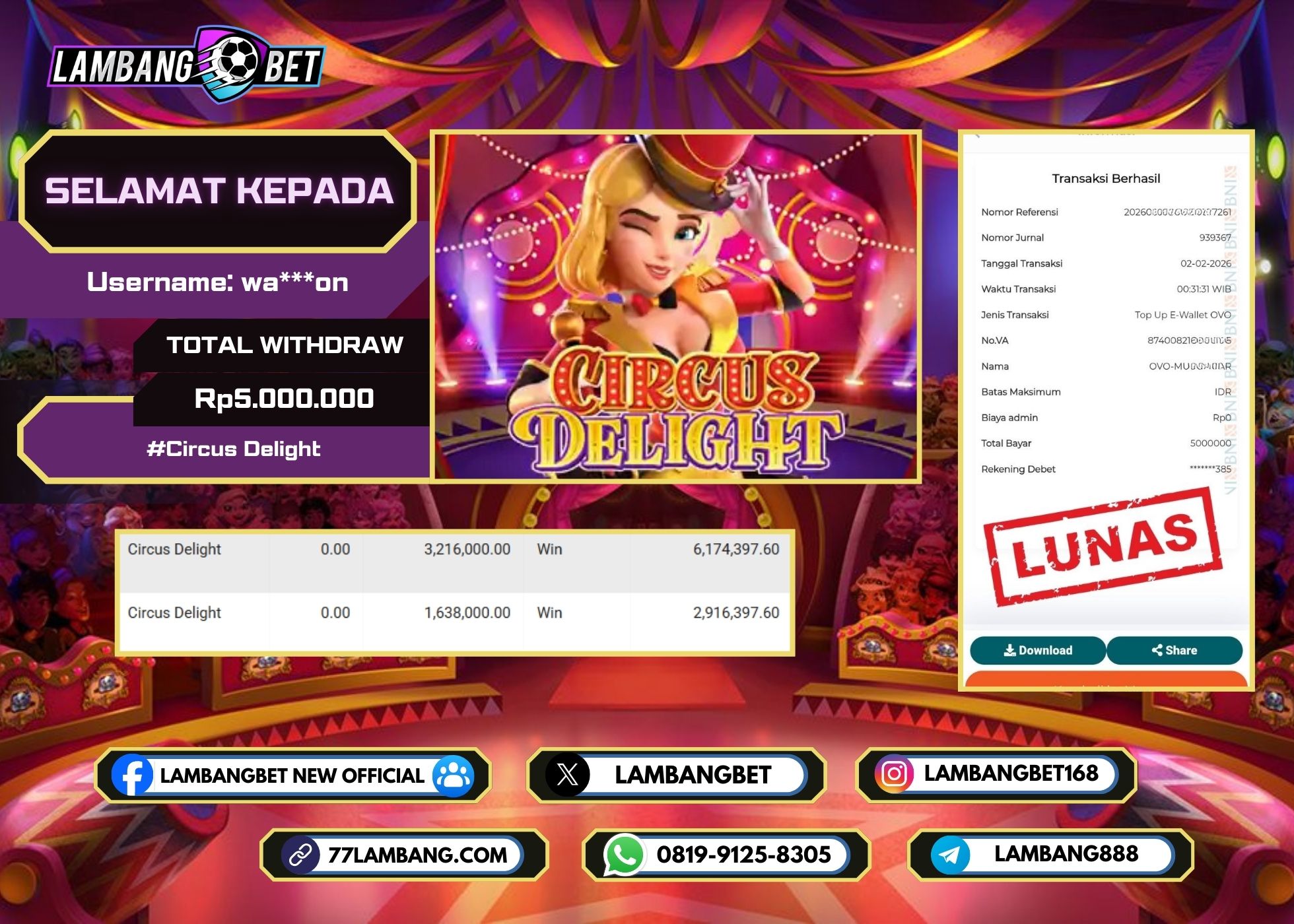 LAMBANGBET [2 FEBRUARI 2025] JACKPOT SLOT Circus Delight "Rp5.000.000" LUNAS